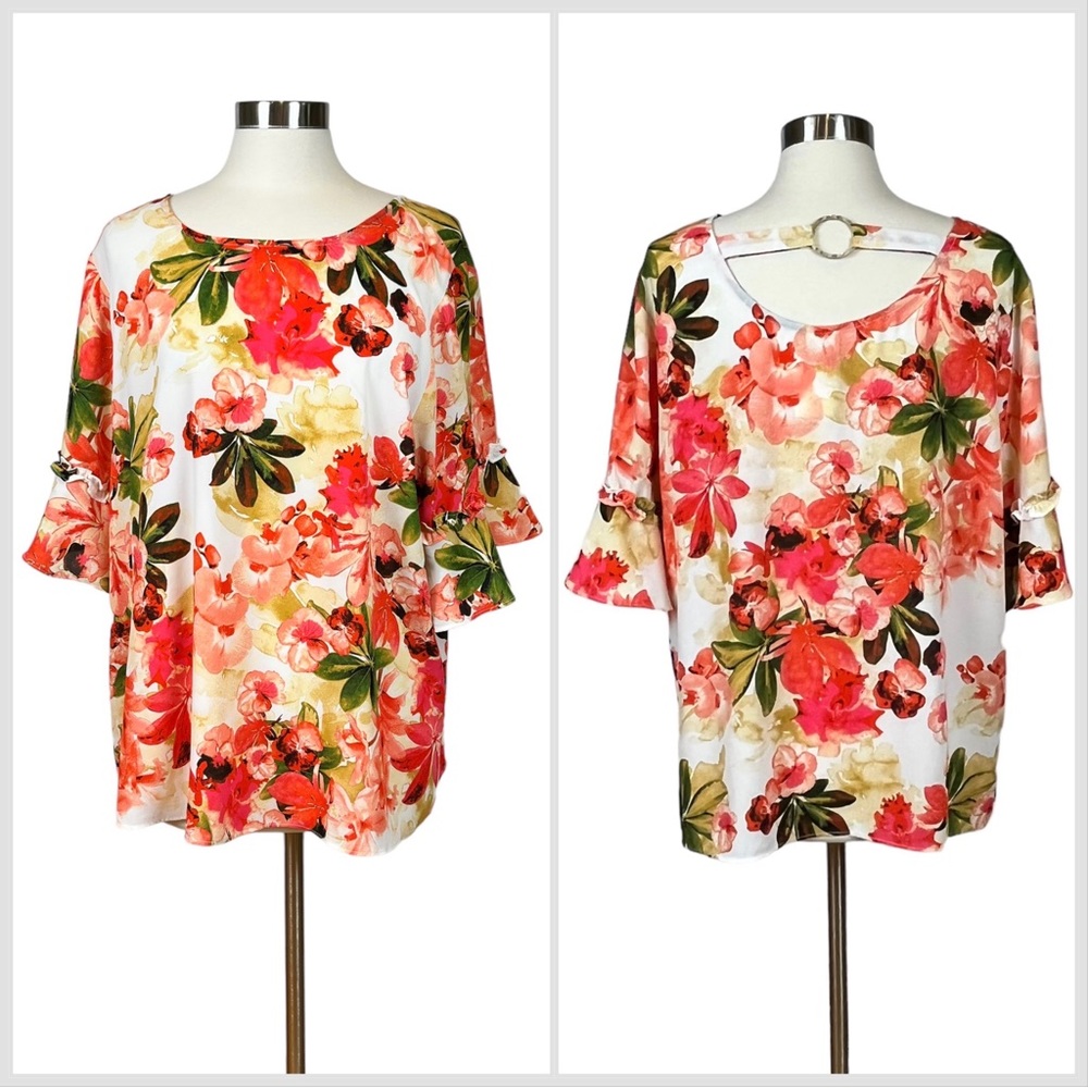 C Est. 1946 Floral Top with Ruffle Sleeves and Back Ring 18/20W
